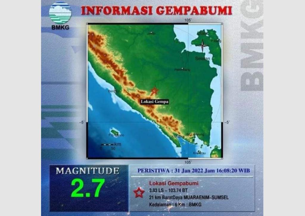 Muara Enim Kembali Diguncang Gempa, Kali Ini Berkekuatan M 2,7