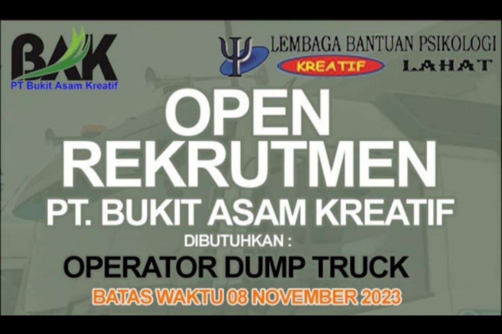 PT Bukit Asam Kreatif Buka Lowongan Posisi Operator Dump Truck! Cek Kualifikasinya Disini