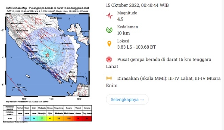 Gempa di Lahat Magnitudo 4,9 Dirasakan Warga Muara Enim