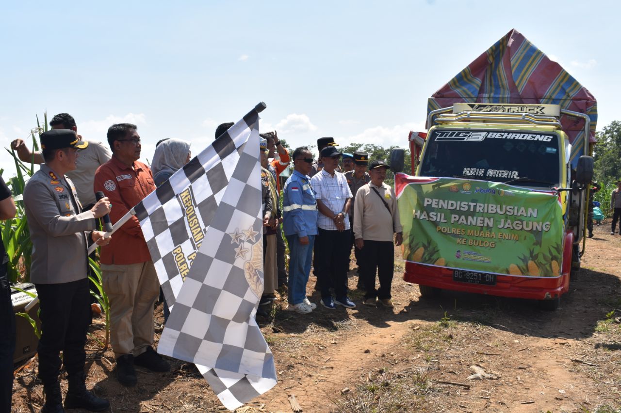 Sukseskan Swasembada Pangan, Polres Muara Enim Berpartisipasi Laksanakan Panen Raya Jagung Serentak