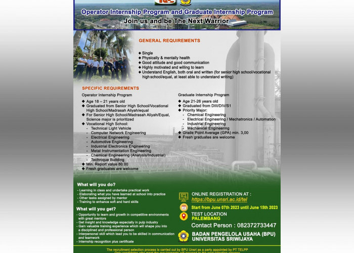 PT TeL Membuka Operator Internship Program and Graduate Internship Program