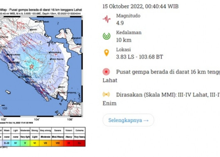 Gempa di Lahat Magnitudo 4,9 Dirasakan Warga Muara Enim