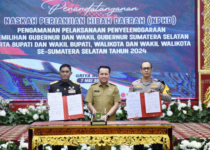 Pj Gubernur Sumsel Tandatangani NPHD Pengamanan Pilkada 2024 kepada TNI-Polri